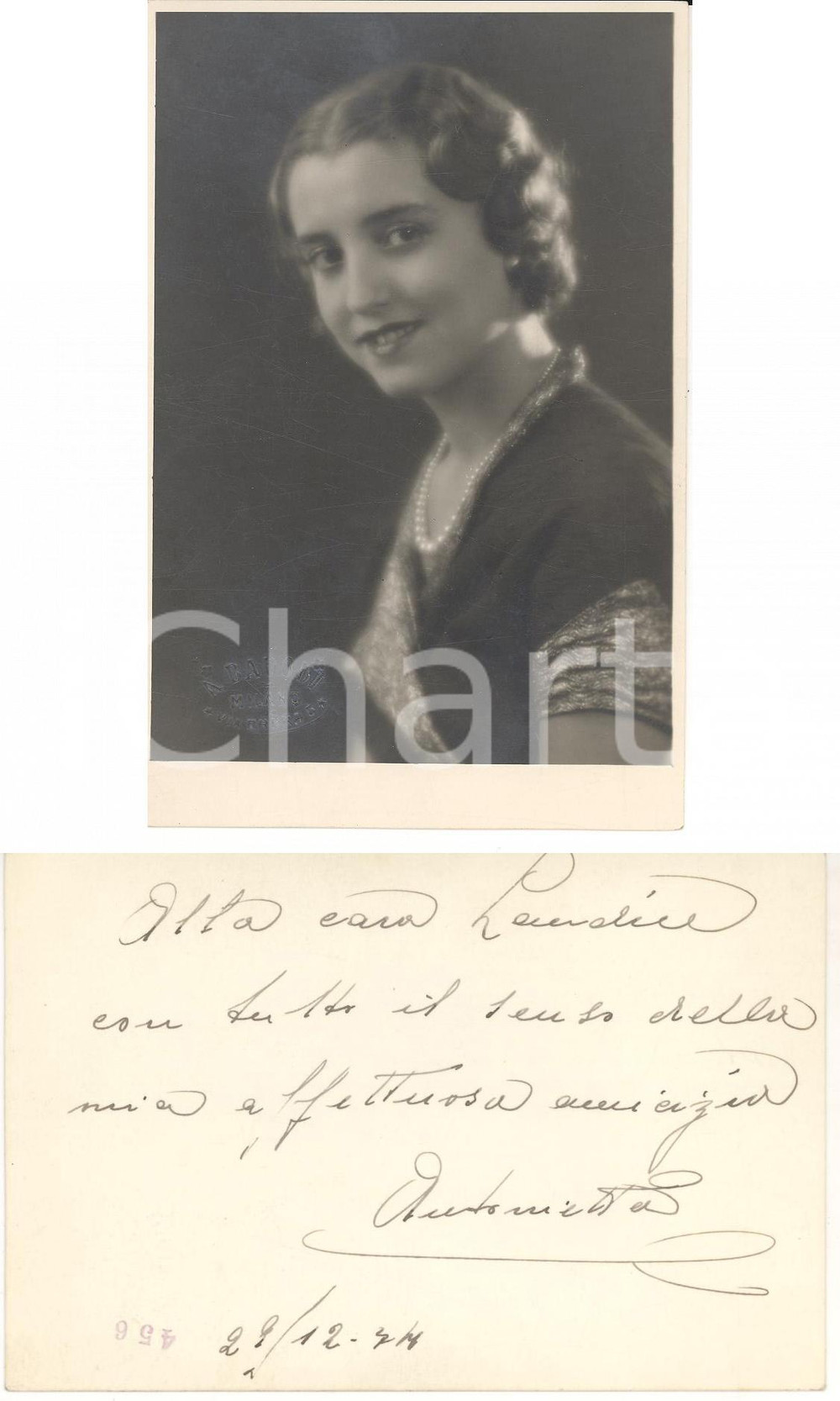 Autografo originale 1925 ca MILANO Ritratto Antonietta Misa MORDEGLIA Foto BADONI con AUTOGRAFO 1