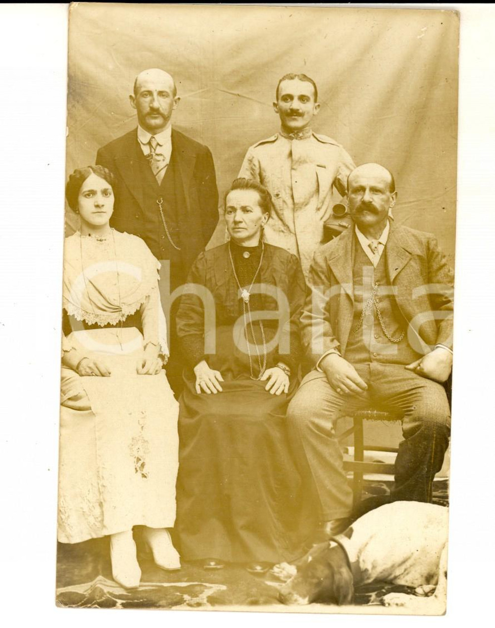 Fotografia d epoca originale 1910 ca AREA LOMBARDA Gruppo di famiglia con il cane Foto cartolina VINTAGE 1