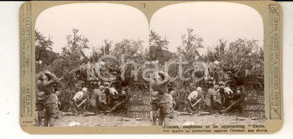 Fotografia d epoca originale 1918 WW1 GREAT WAR Gunners with protection against gas shells Stereoscopic 7 1
