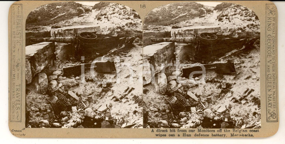 Fotografia d epoca originale 1918 WW1 THE GREAT WAR MARIAKERKE Direct hit on a German battery Stereoscopic 1