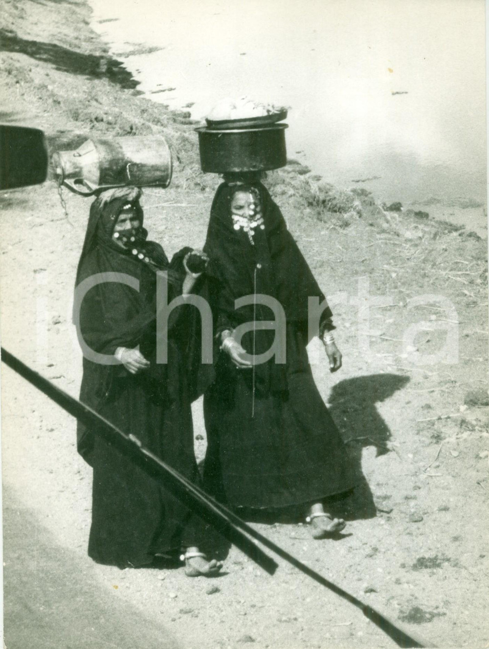 Fotografia d epoca originale 1950 ca IL CAIRO EGITTO Donne nomadi portano brocche e cibo sulla testa FOTO 1