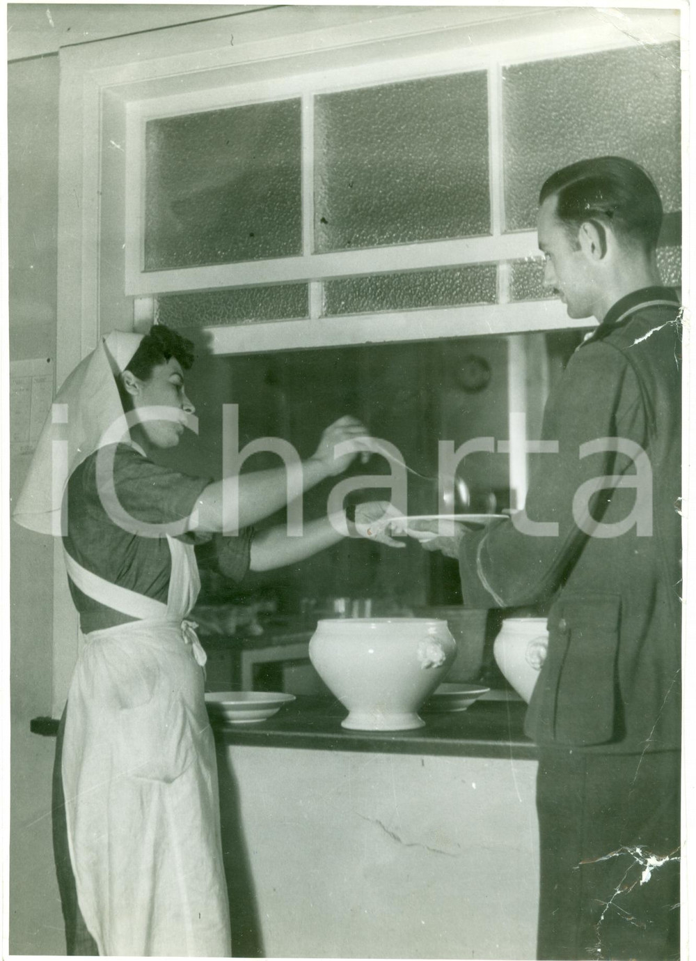 Fotografia d epoca originale 1940 ca BERLIN WWII Rancio di guerra per Divisione Spagnola Foto DANNEGGIATA 1