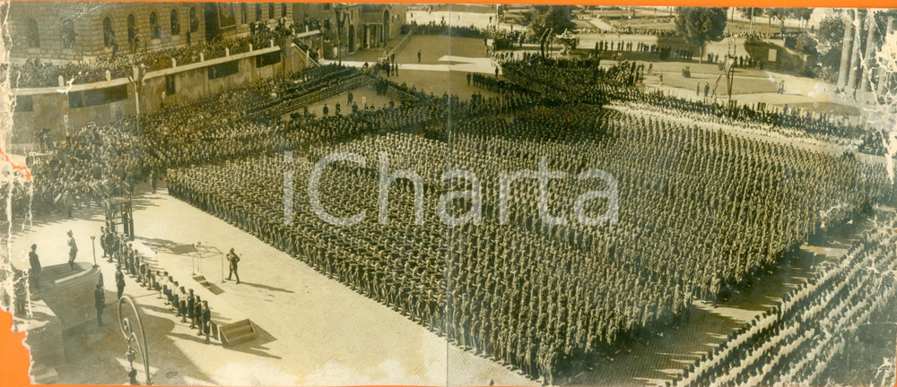 Fotografia d epoca originale 1942 ROMA WWII Battaglioni M schierati davanti al DUCE Foto DOPPIA DANNEGGIATA 1