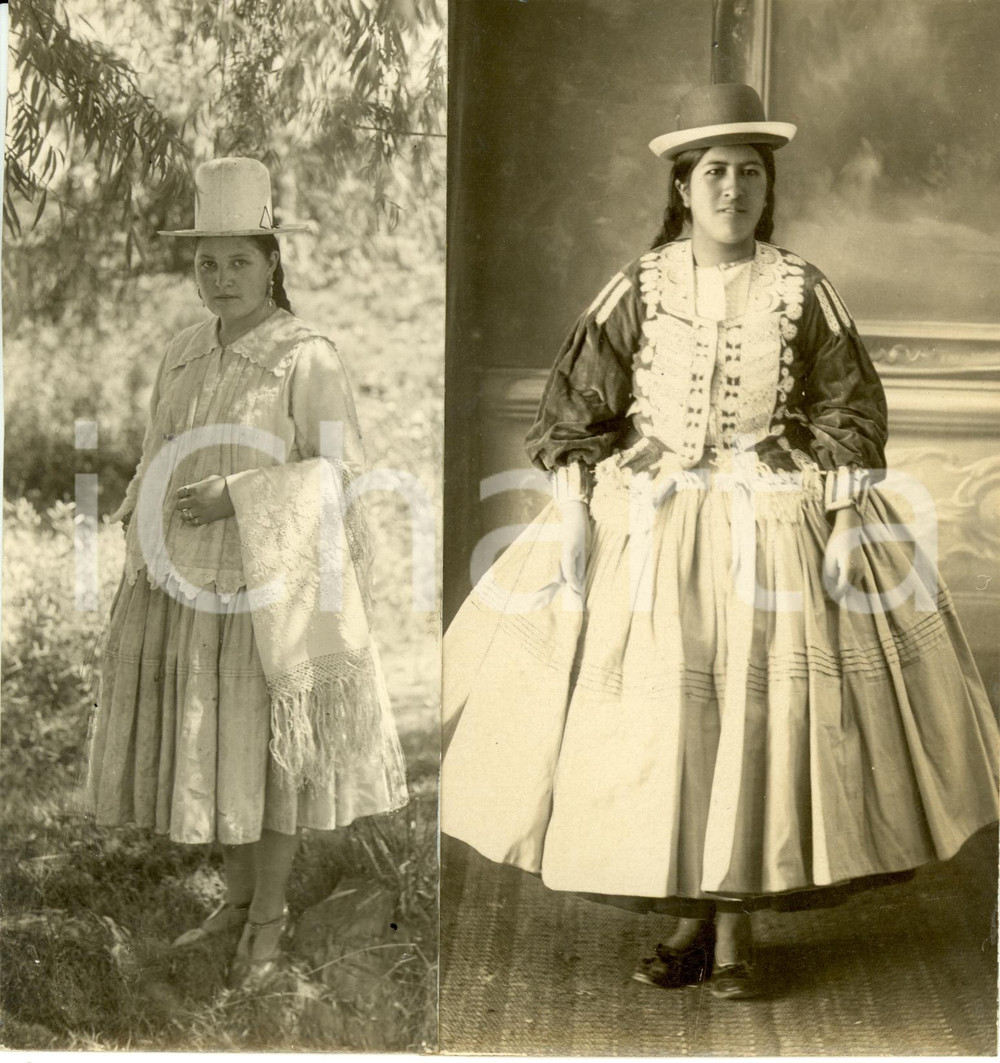 Fotografia d epoca originale 1933 BOLIVIA Donne in costume tradizionale Fotografia DOPPIA Formato Cartolina 1