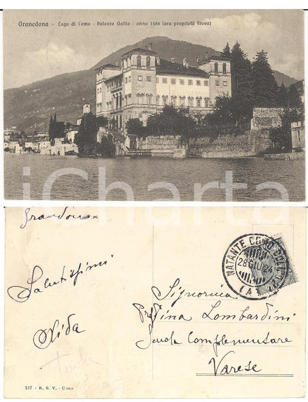 Cartolina originale da collezione 1924 STORIA POSTALE GRAVEDONA CO Palazzo GALLIO Annullo NATANTE COMOCOLICO 1