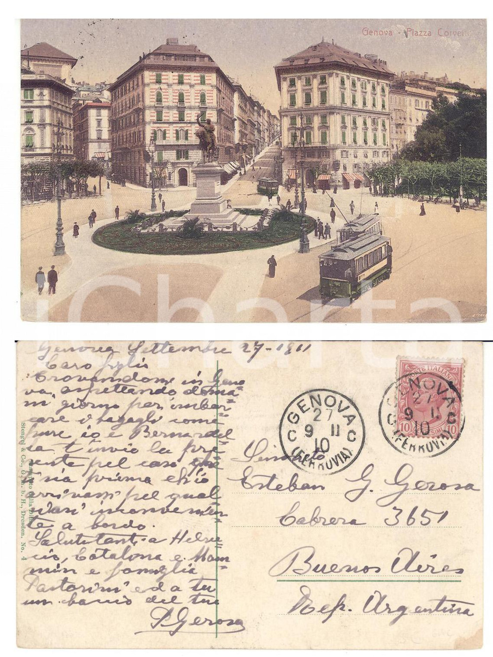 Cartolina originale da collezione 1911 STORIA POSTALE GENOVA per BUENOS AIRES FP VG senza annullo di arrivo 1