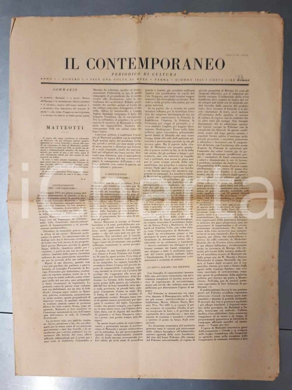 Giornale, rivista storica 1945 PARMA IL CONTEMPORANEO P. GOBETTI Saggio su Matteotti Periodico anno I n°1 1