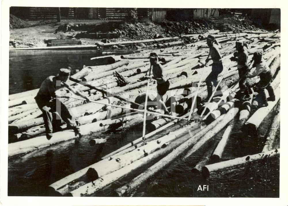 Fotografia d epoca originale 1942 KARHUMAKI FINLANDIA WW2 Soldati finlandesi trasportano legnami su fiume 1