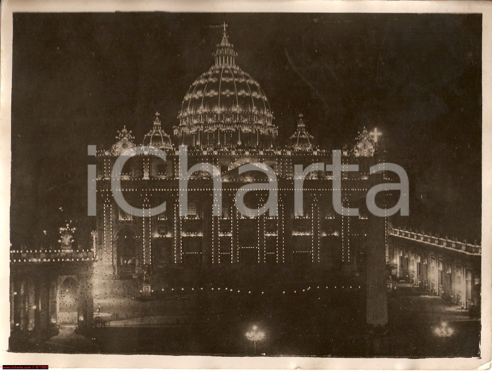 Fotografia d epoca originale 1929 Vaticano, illuminazione Basilica di San Pietro 1