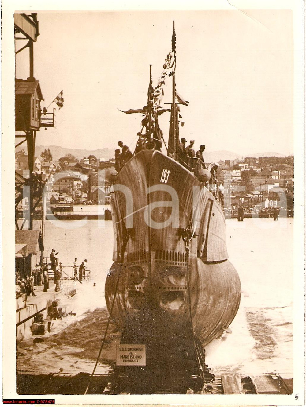 Fotografia d epoca originale 1939 MARE ISLAND, CALIFORNIA USA Varo del sottomarino USS SWORDFISH Fotografia 1