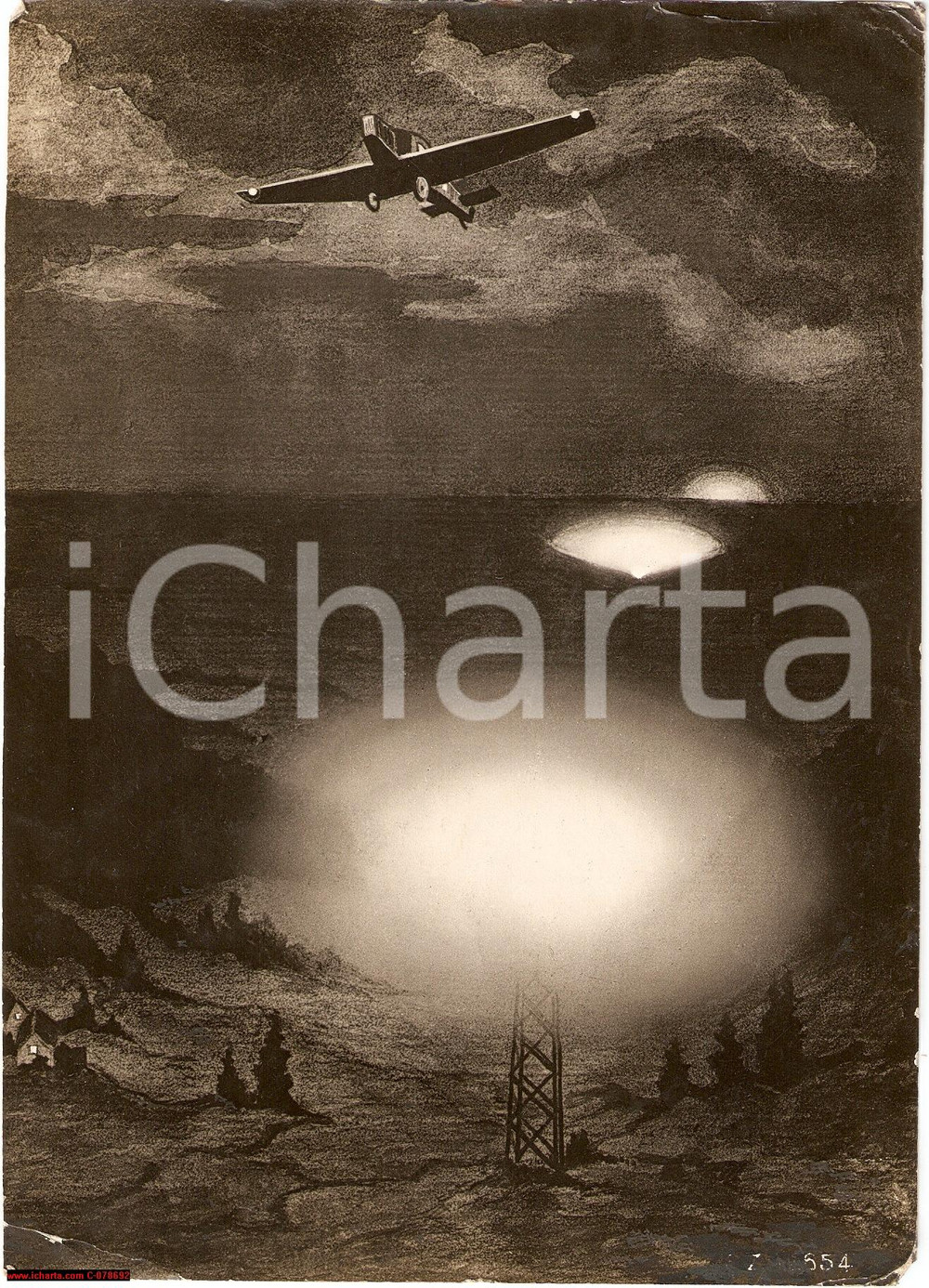 Fotografia d epoca originale 1925 Rotta aerea con fari Pintsch Leuchten, aviazione 1