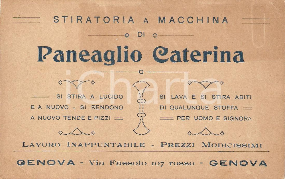 Cartolina originale da collezione 1910 ca GENOVA Stiratoria Caterina PANEAGLIO Cartolina commerciale FP 1