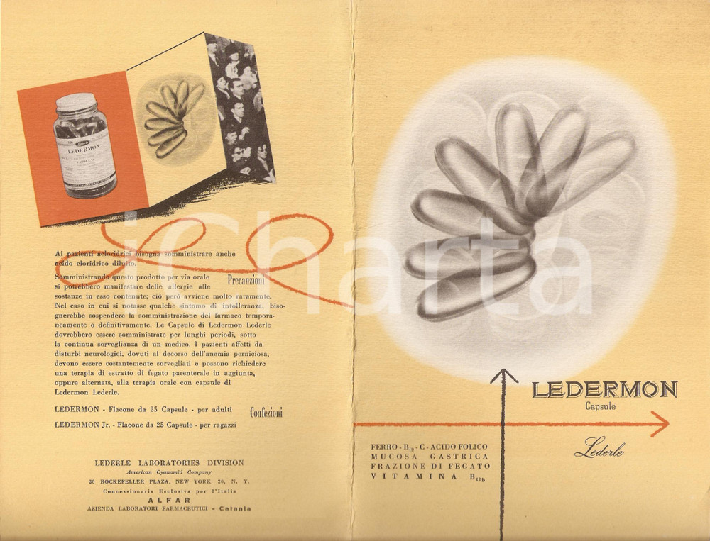Materiale pubblicitario d’epoca 1940 ca CATANIA  ALFAR Capsule LEDERMON Concessionaria LEDERLE LABORATORIES 1