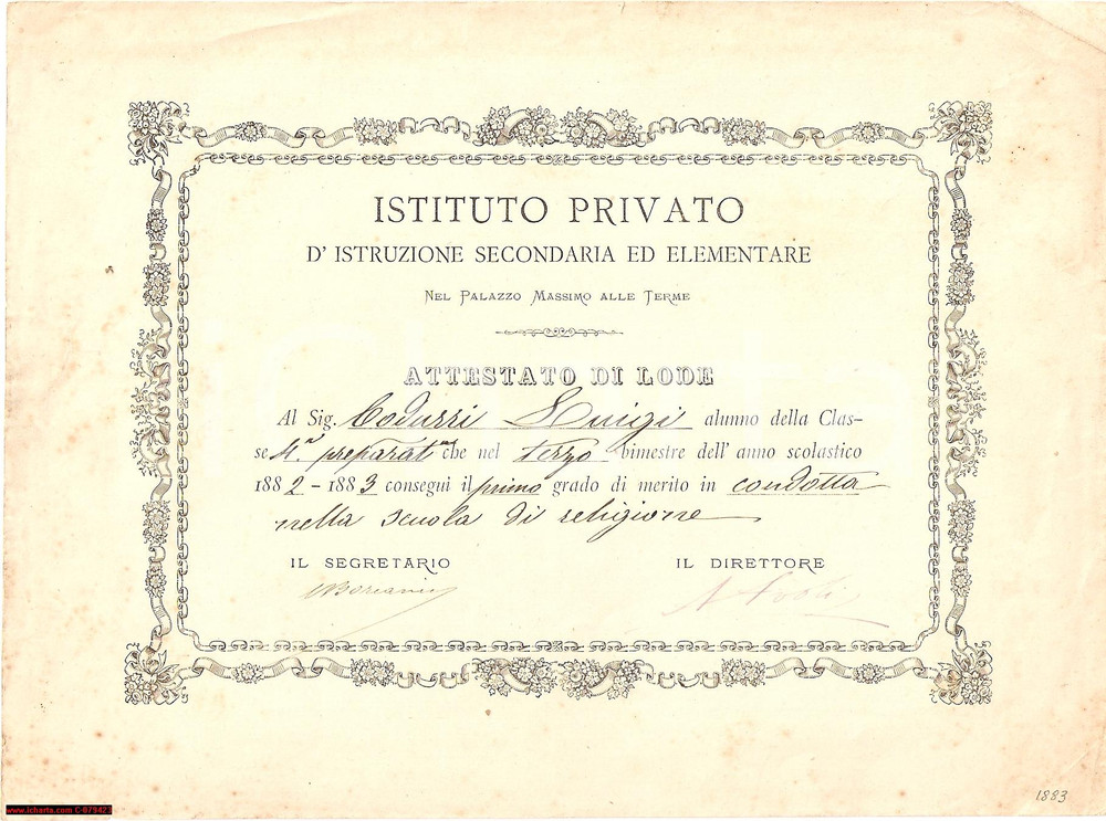 Oggetto da collezione cartaceo 1883 ROMA PALAZZO MASSIMO TERME Attestato lode Codurri 1