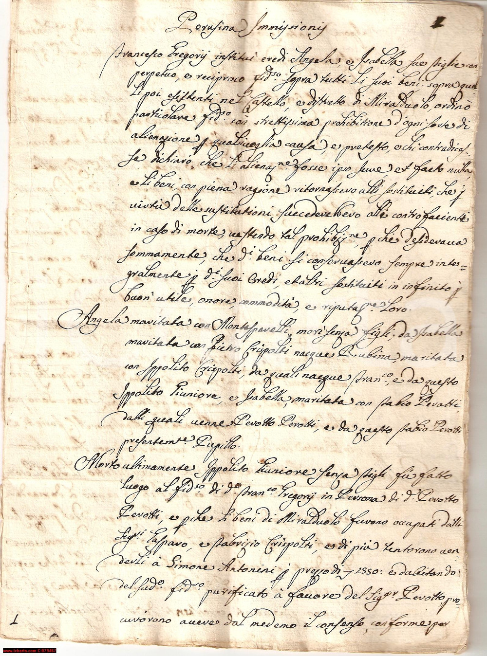 Documento originale, autentico 1740 CASTELLO DI MIRALDUOLO TORGIANO PG Fidecommesso 1