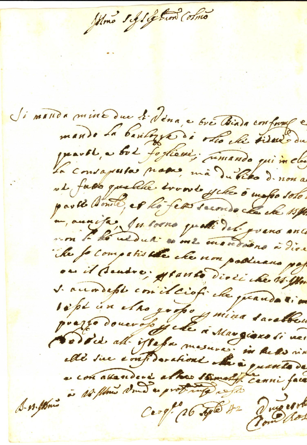 Manoscritto, lettera originale 1742 CERQUETO PG Domenico ROSATI invia una barilozza di olio Lettera 1