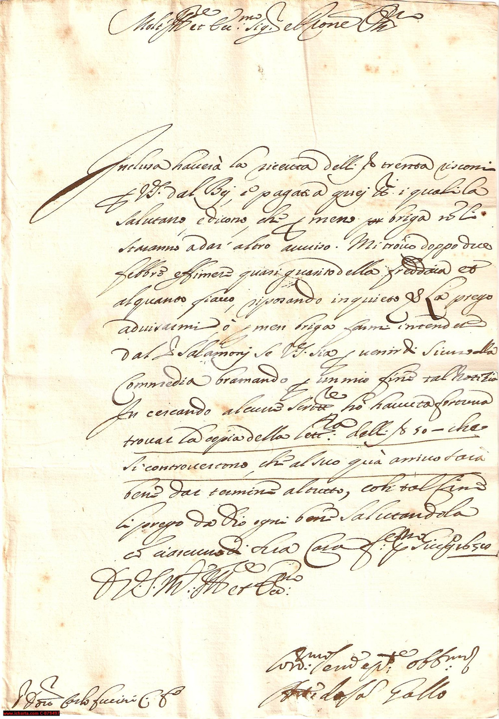 Manoscritto, lettera originale 1658 CASTIGLION FIORENTINO ...mi trovo dopo due febbri Lettera 1