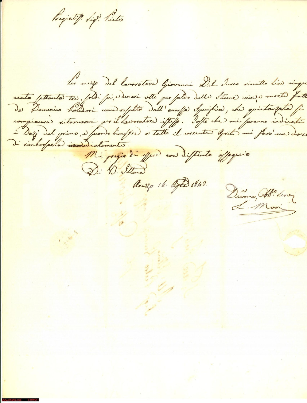 Documento originale, autentico 1847 AREZZO Stime vive e morte di Domenico POLIDORI 1
