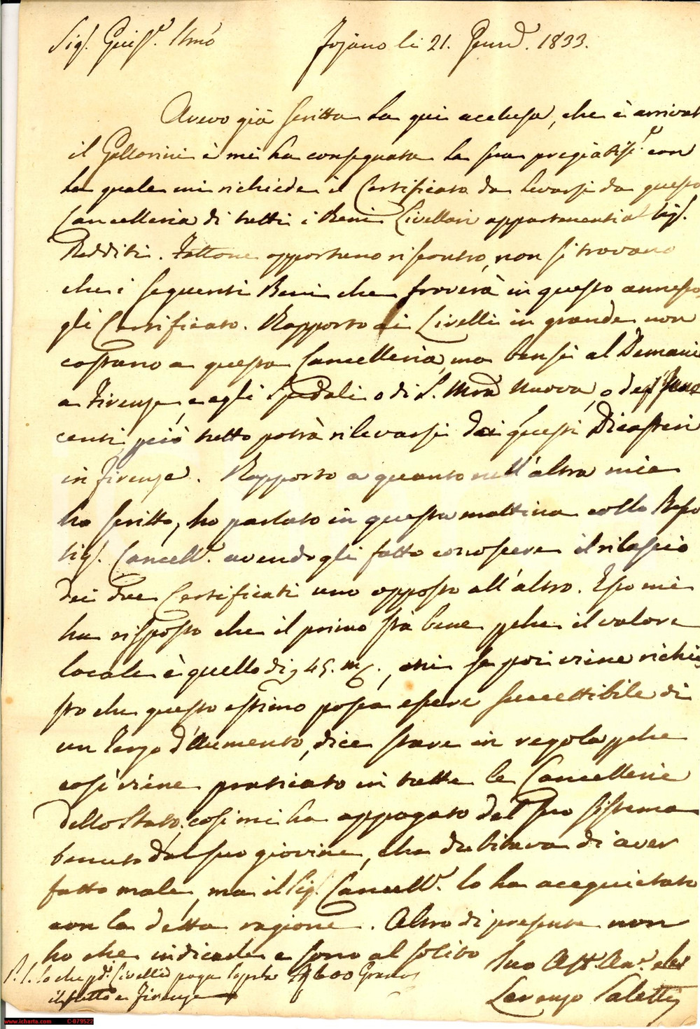 Manoscritto, lettera originale 1833 FOIANO DELLA CHIANA AR ProprietÃ  nobile DEL BIMBO 1