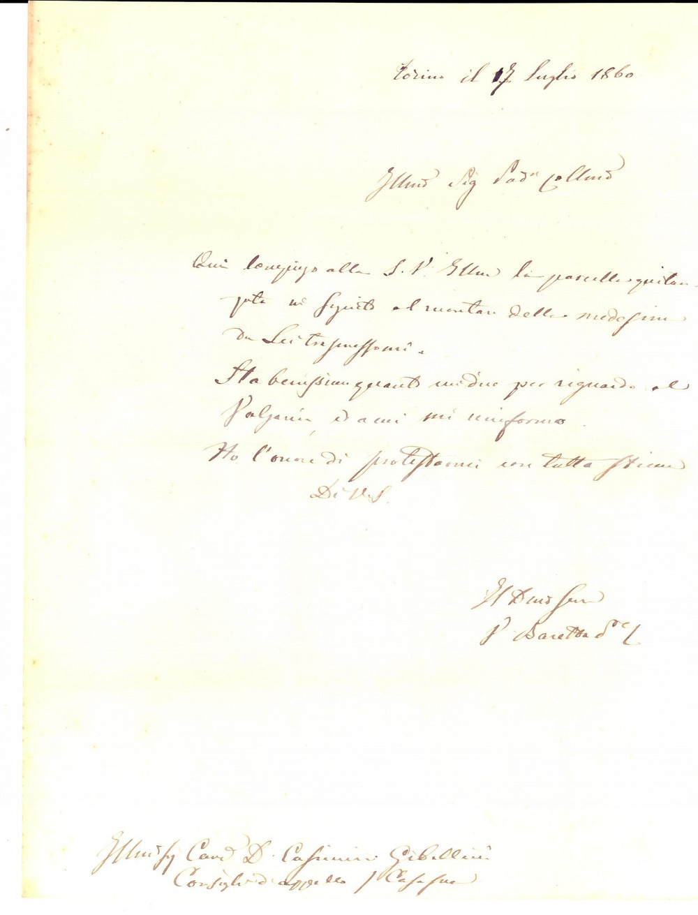 Manoscritto, lettera originale 1860 TORINO Lettera procuratore capo Vincenzo BARETTA su parcella AUTOGRAFO 1