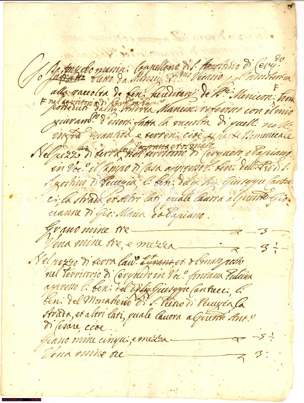 Manoscritto, lettera originale 1678 CERQUETO PG Raccolta grano di Andrea MANCINI 1