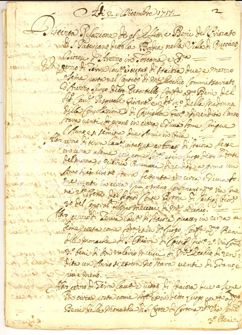 Manoscritto, lettera originale 1717 RUCCAVO AR Inventario beni priorato di SAN PATERNIANO Manoscritto 10 pp. 1