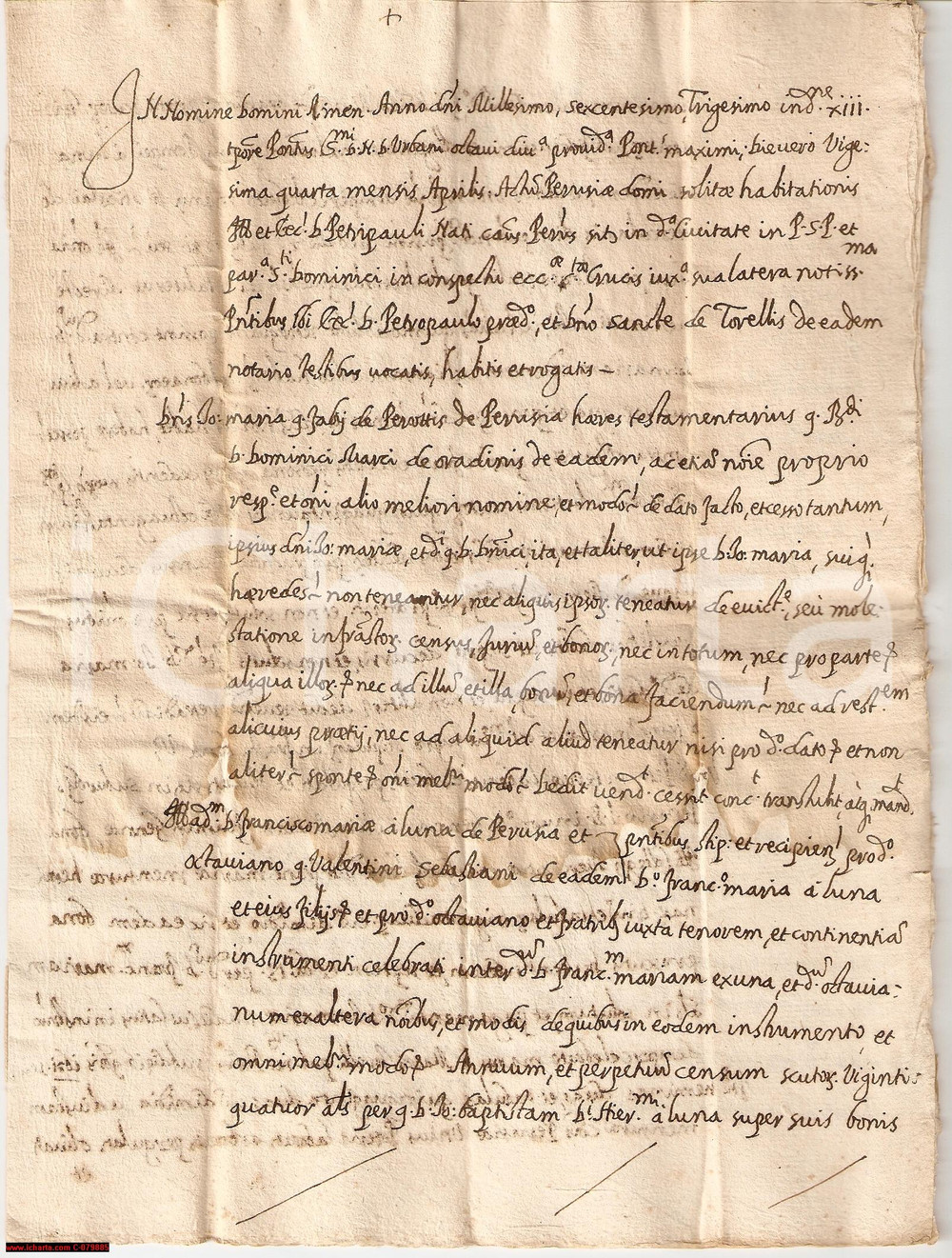 Manoscritto, lettera originale 1630 PERUGIA Giovanni PEROTTI vende censo famiglia LUNA 1
