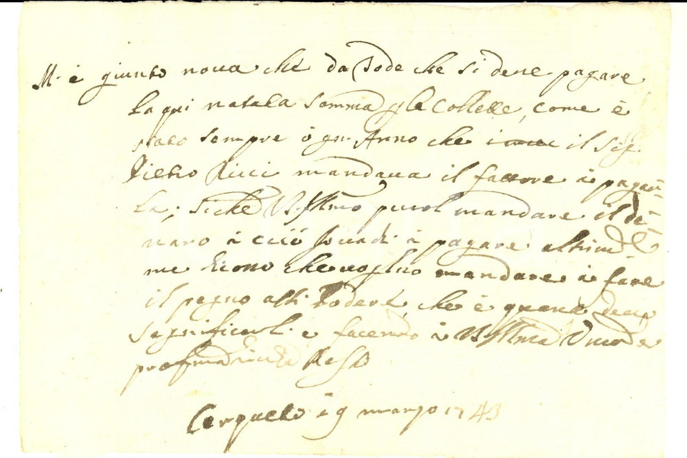 Manoscritto, lettera originale 1743 CERQUETO PG Domenico ROSATI sul pagamento di Pietro RICCI Lettera 1