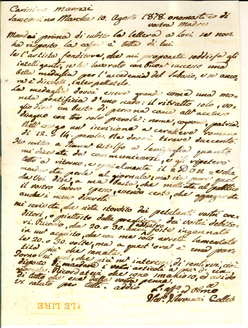 Autografo originale 1878 SANSEVERINO MARCHE Severino SERVANZI COLLIO commissiona medaglia Autografo 1