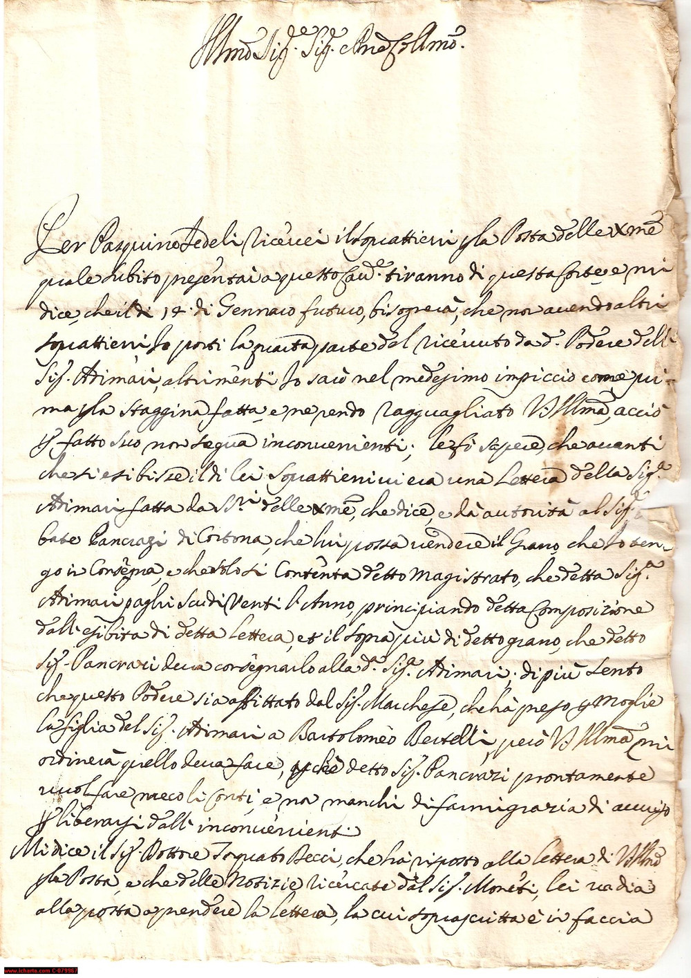 Manoscritto, lettera originale 1737 CORTONA AR Vendita grano nobildonna ADIMARI 1