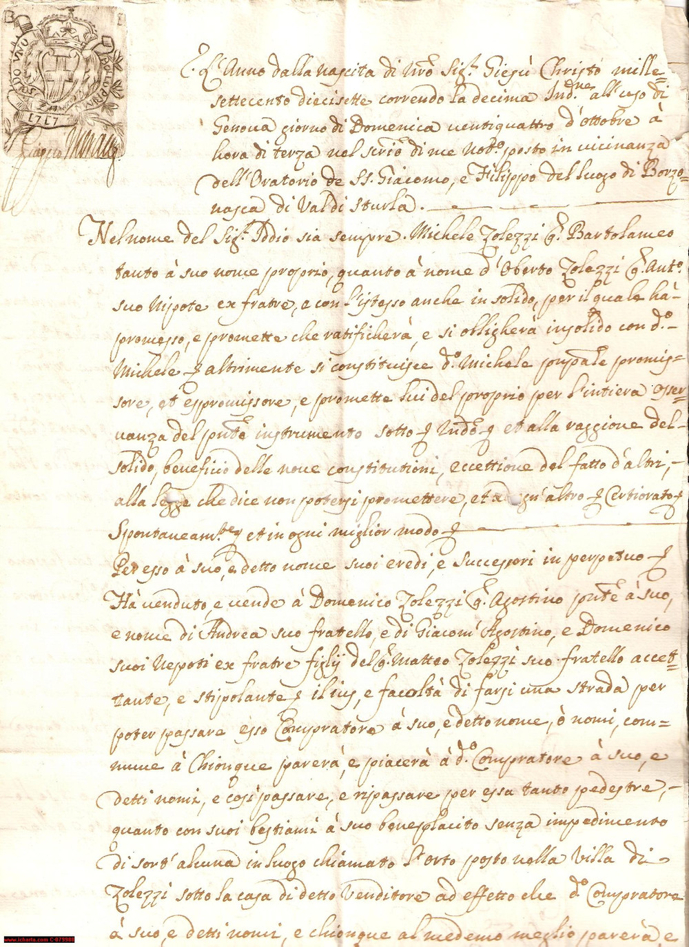 Documento originale, autentico 1717 BORZONASCA GE Diritto di passaggio Villa ZOLEZZI 1
