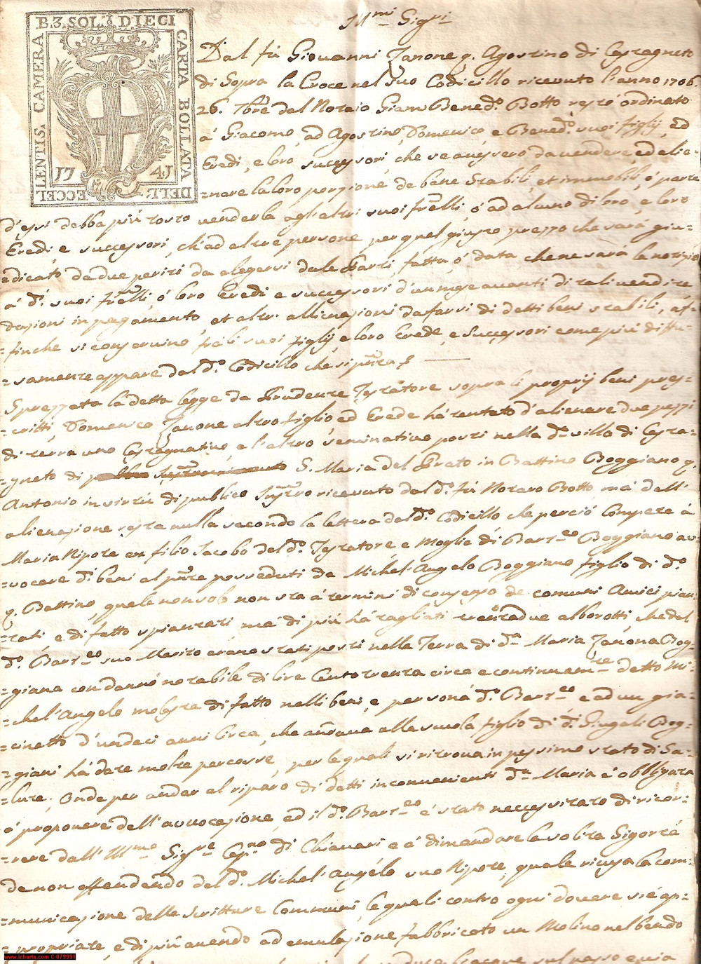 Documento originale, autentico 1766 PRATO SOPRALACROCE GE Domenico ZANONEvende illegalmente terra ereditata 1