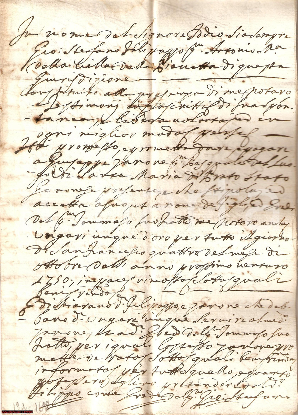 Documento originale, autentico 1698 GENOVA Cinque Ungari d oro per Giuseppe ZANONE 1