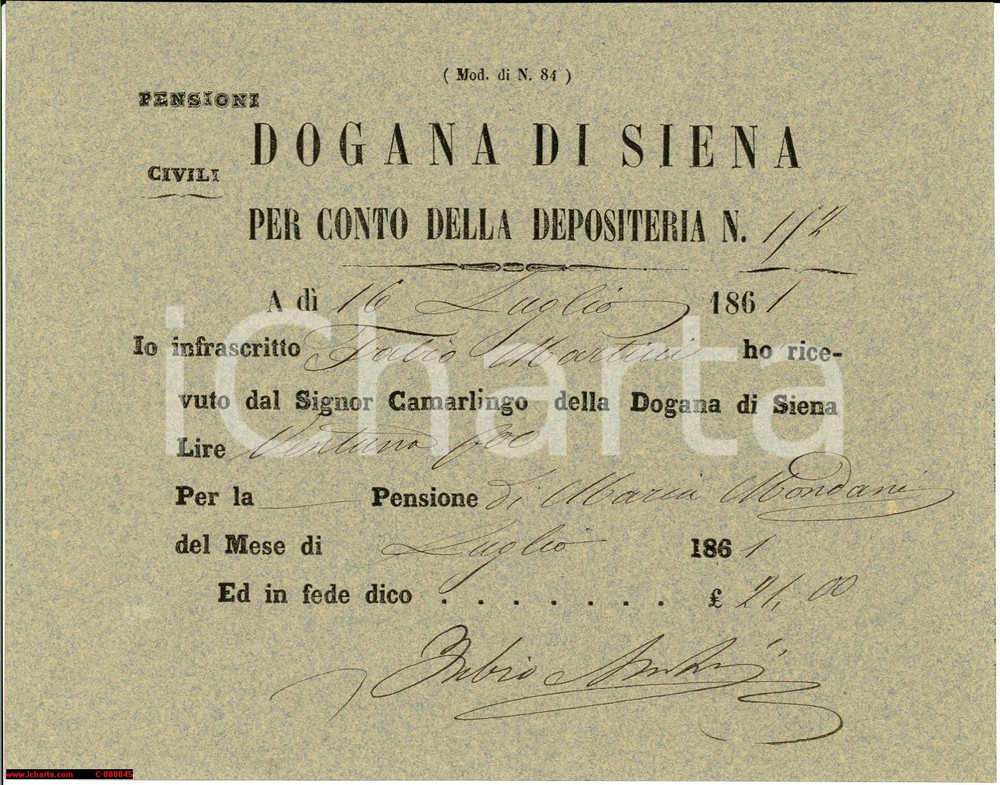 Documento originale, autentico 1861 DOGANA DI SIENA pensione Maria MONDANI 1