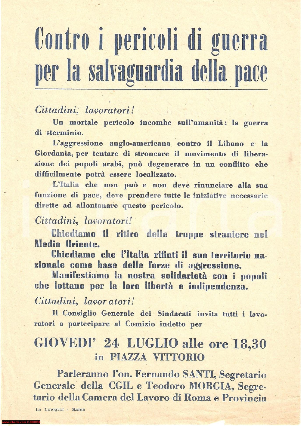 Materiale pubblicitario d’epoca 1965 circa ROMA Contro la guerra in GIORDANIA e LIBANO 1