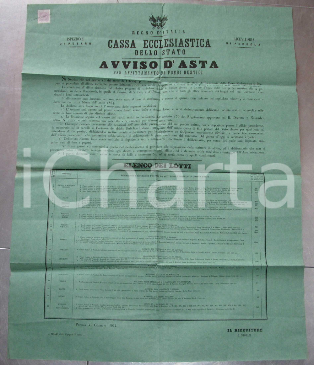 Documento originale, autentico 1864 PERGOLA Beni rurali Conventi soppressi MANIFESTO 1
