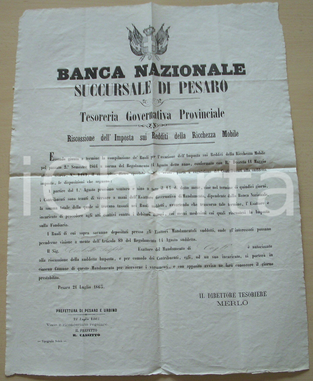 Documento originale, autentico 1865 CAGLI Teofilo CECCHETTI esattore Banca Nazionale 1