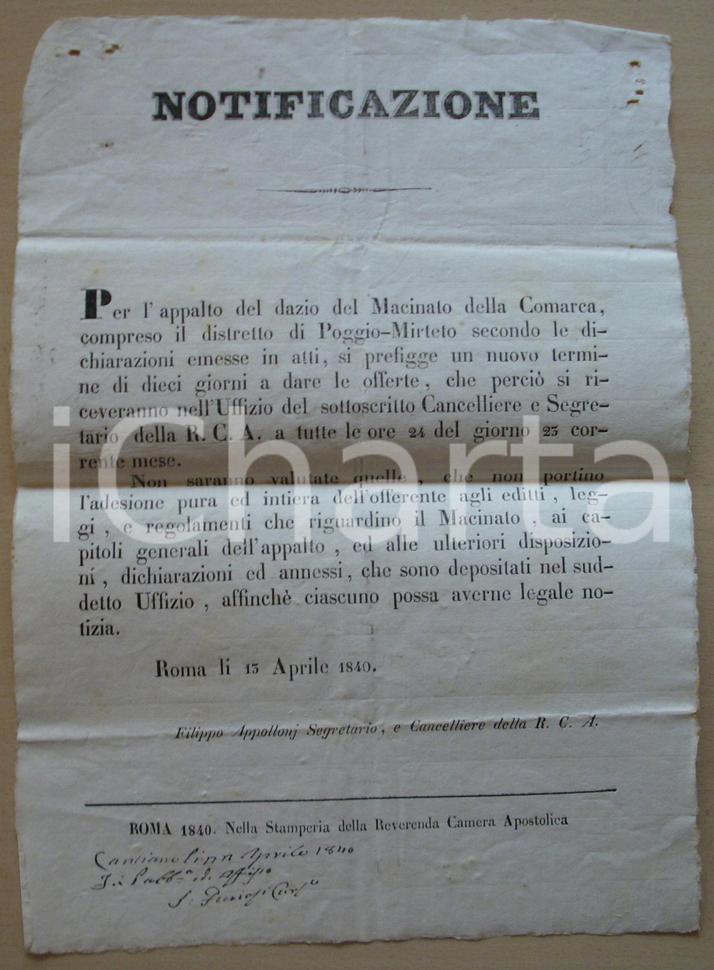 Documento originale, autentico 1840 POGGIO MIRTETO RI Dazio del macinato in COMARCA 1