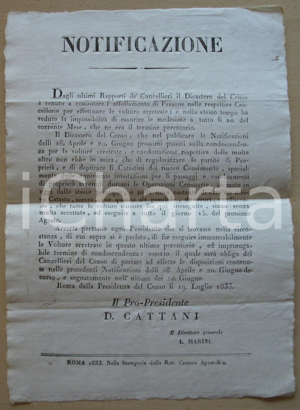 Documento originale, autentico 1833 STATO PONTIFICIO Norme sul Censo per Nuovo Catasto 1