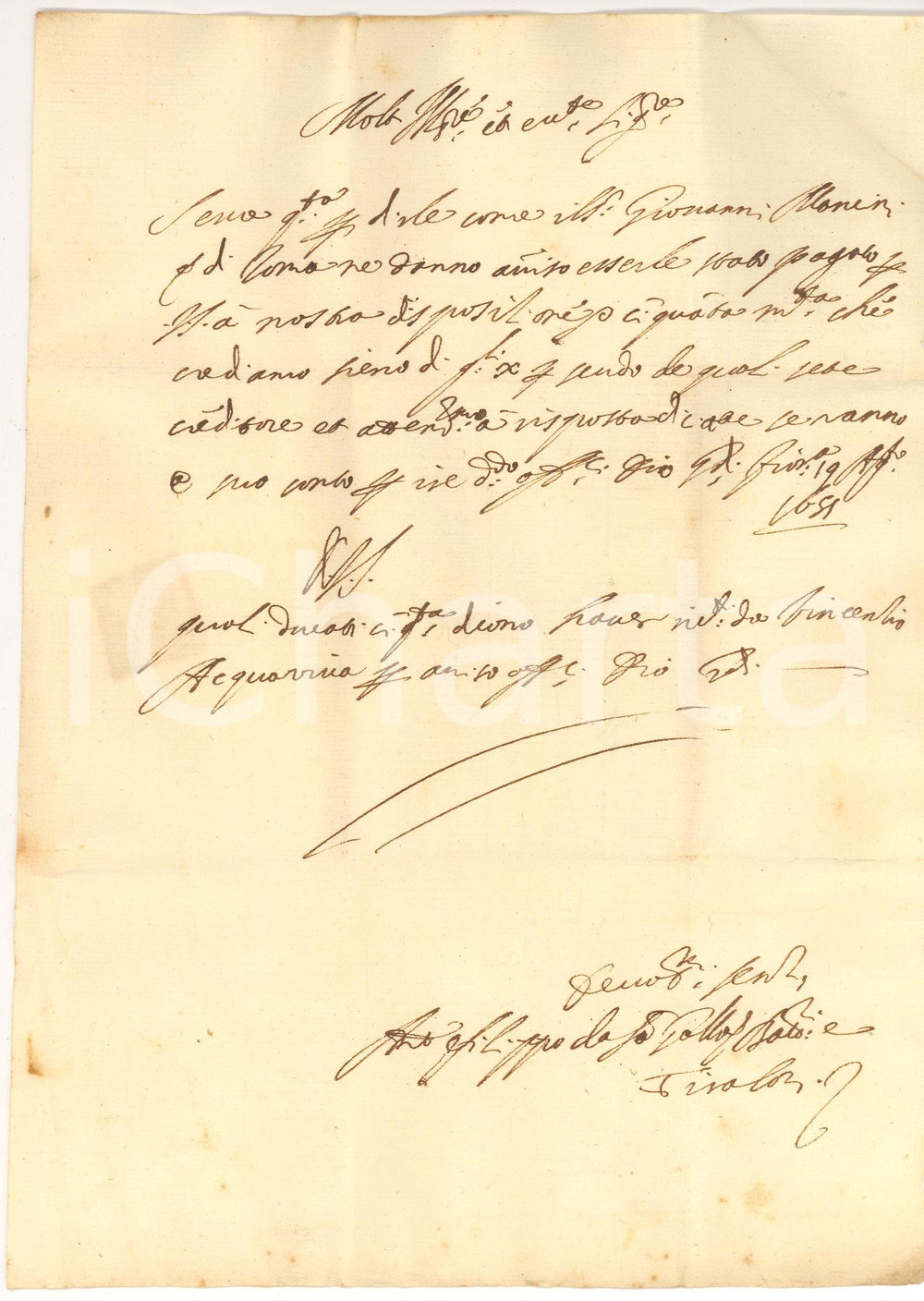 Manoscritto, lettera originale 1651 CASTIGLION FIORENTINO Carlo FUCINI finalmente pagato da Vincenzo ACQUAVIVA 1