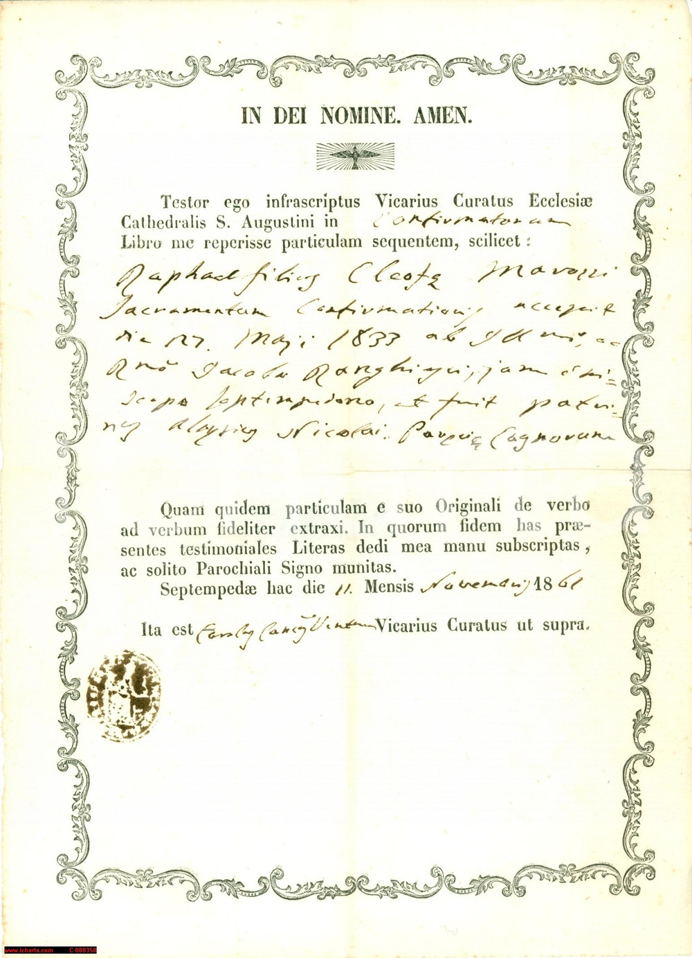 Documento originale, autentico 1861 SAN SEVERINO MARCHE MC Cresima Raffaele MAROZZI 1