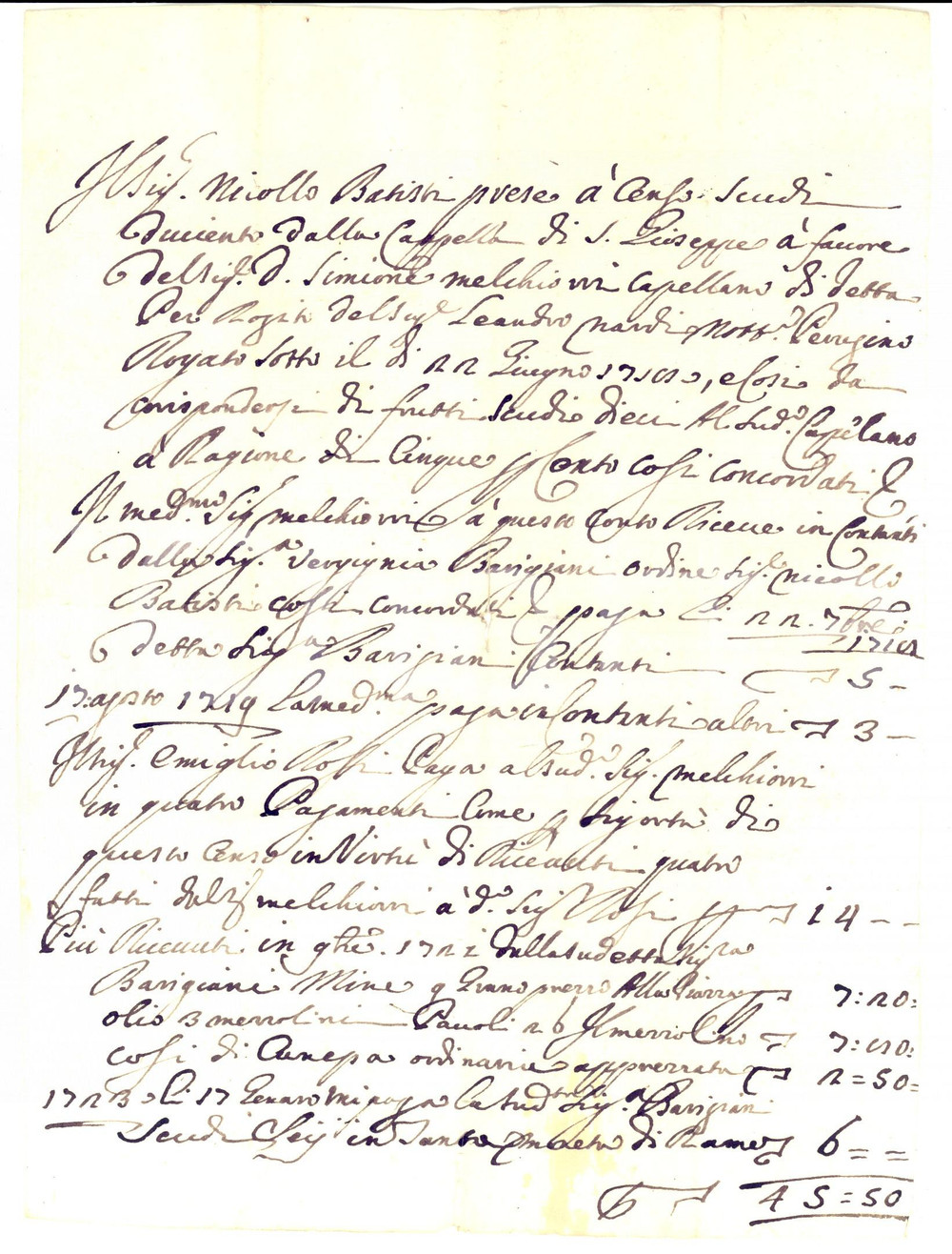 Documento originale, autentico 1730 ca PERUGIA Censi su cappella SAN GIUSEPPE pro don Simione MELCHIORRI 1
