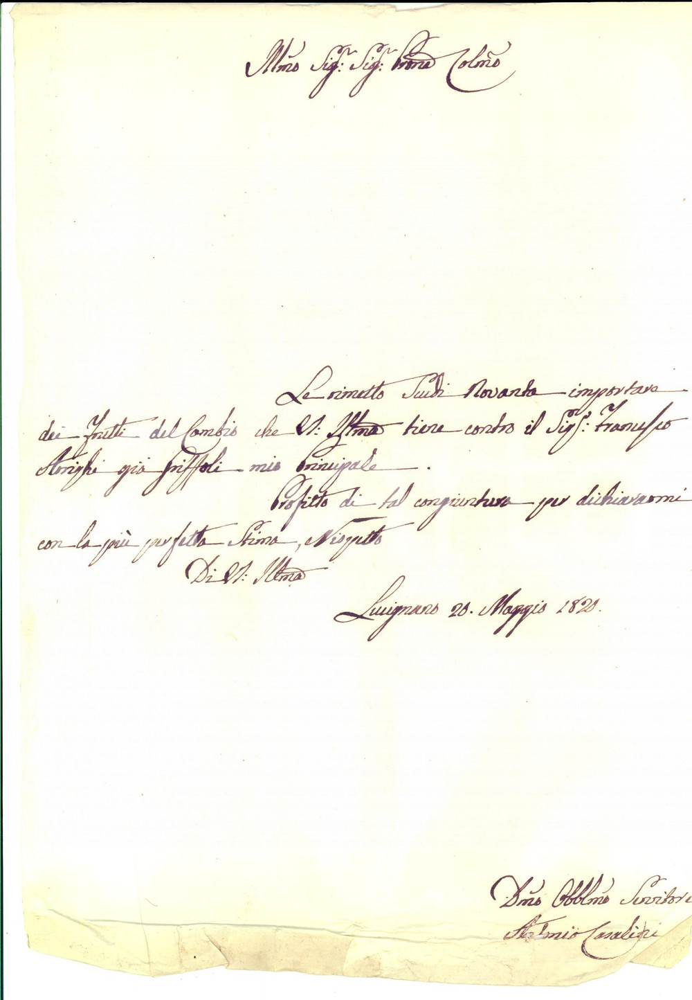 Manoscritto, lettera originale 1828 LUCIGNANO AR Francesco ARRIGHI già GRIFFOLI rende il denaro dovuto 1