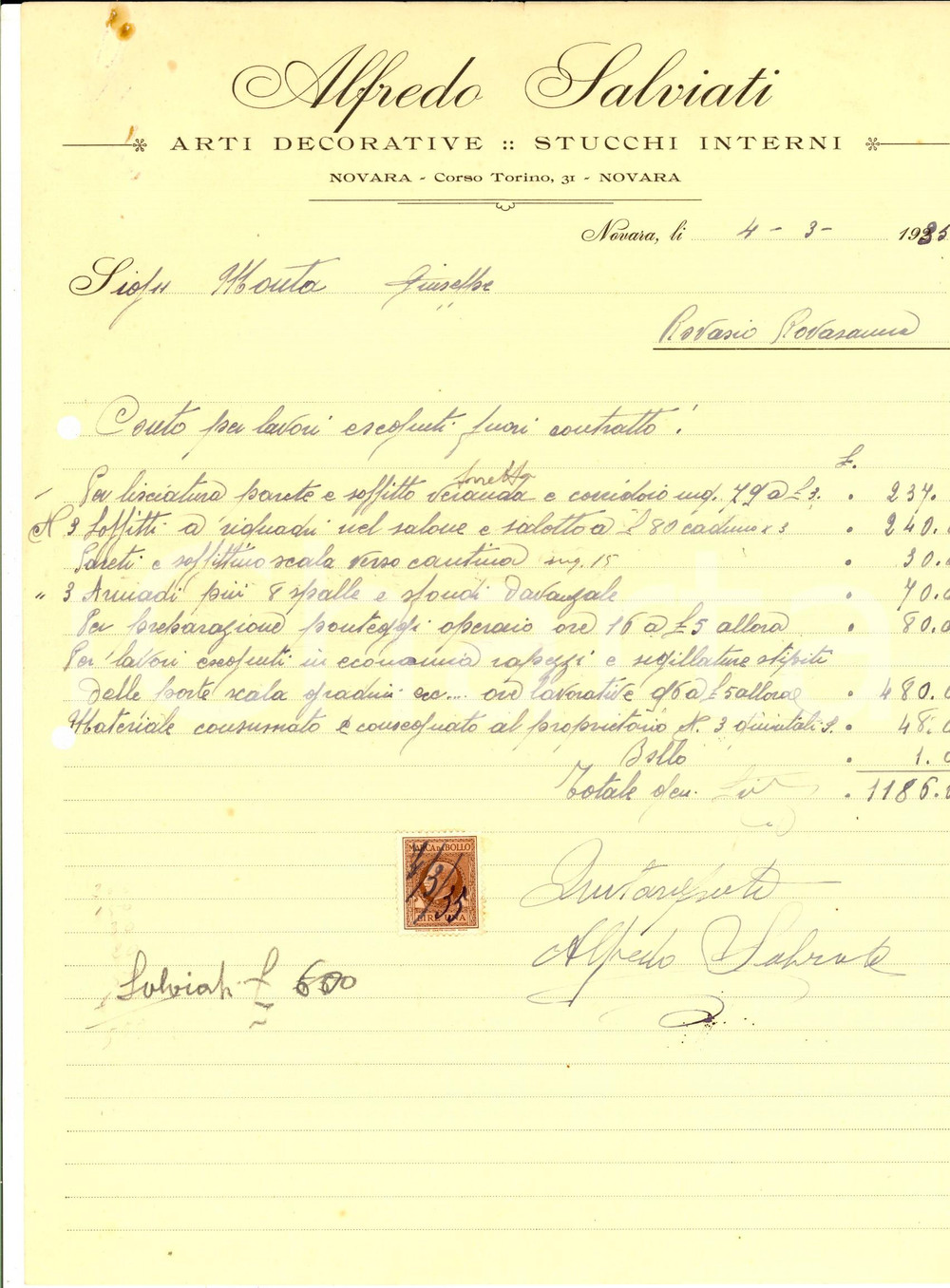 Documento originale, autentico 1935 NOVARA Alfredo SALVIATI Arti decorative e stucchi interni Conto manoscritto 1