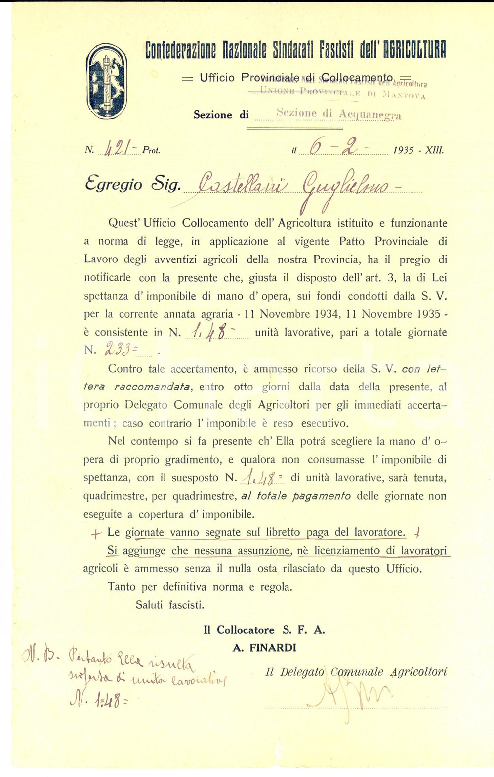 Documento originale, autentico 1935 ACQUANEGRA SUL CHIESE MN Spettanze Guglielmo CASTELLANI su manodopera 1
