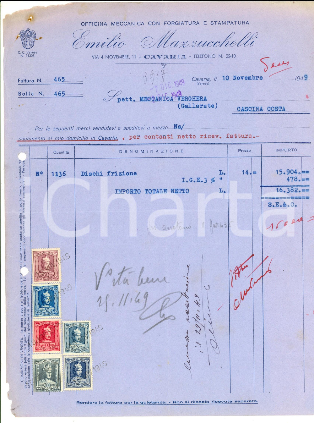 Documento originale, autentico 1949 CAVARIA VA Officina meccanica Emilio MAZZUCCHELLI Fattura intestata 1