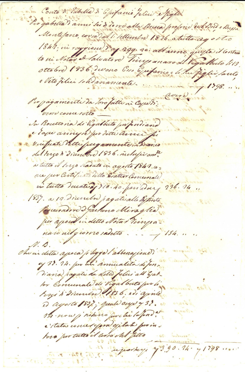 Documento originale, autentico 1836 REGALBUTO EN Pagamenti gabellotto Epifanio FELICI su terre della BRUCA 1