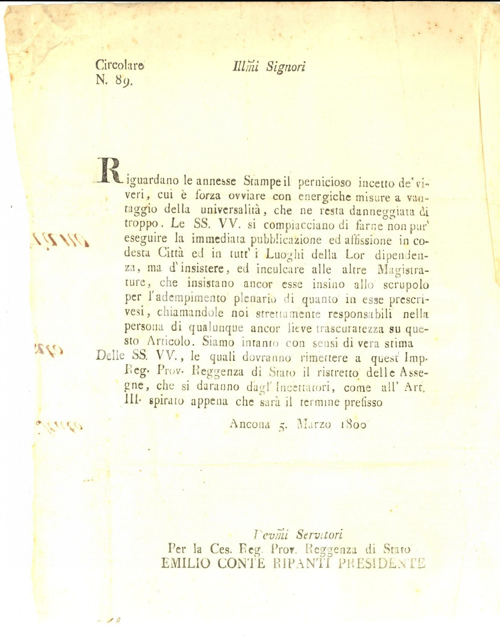 Documento originale, autentico 1800 ANCONA Avvisi sul pernicioso incetto de  viveri Lettera circolare 1
