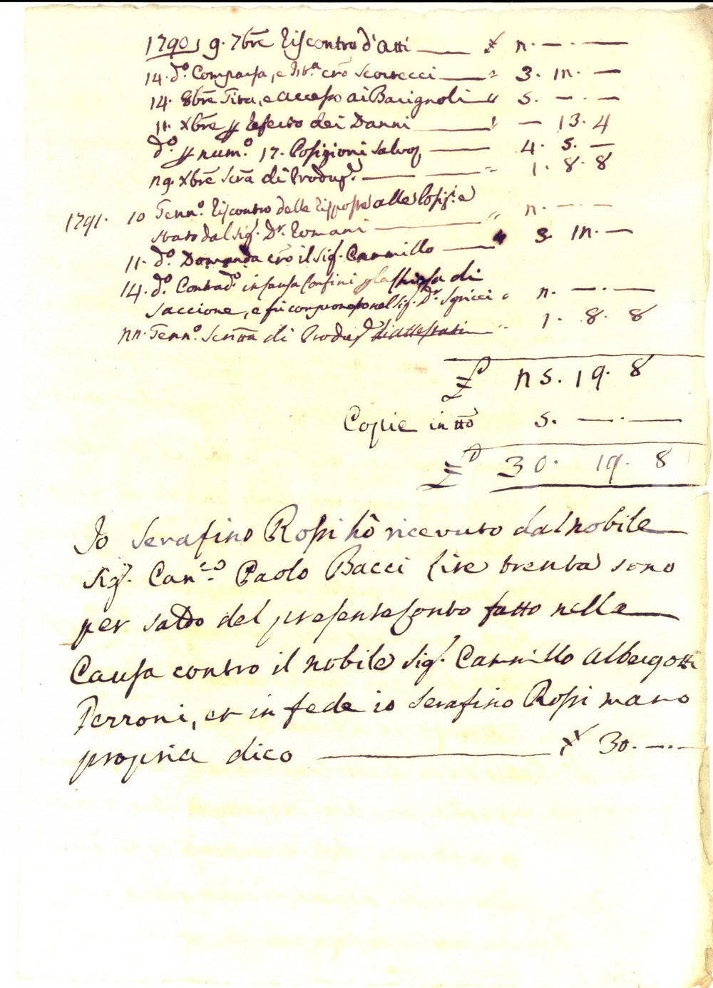 Documento originale, autentico 1791 AREZZO Conto dell avvocato Serafino ROSSI in difesa di Paolo BACCI 1