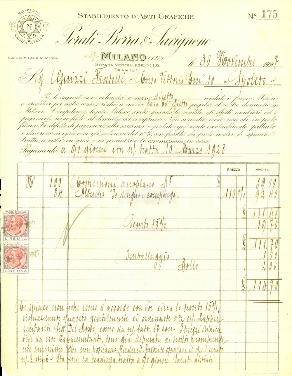 Documento originale, autentico 1927 MILANO Stabilimento arti grafiche PORATI BERRA SAVIGNONE Lettera 1